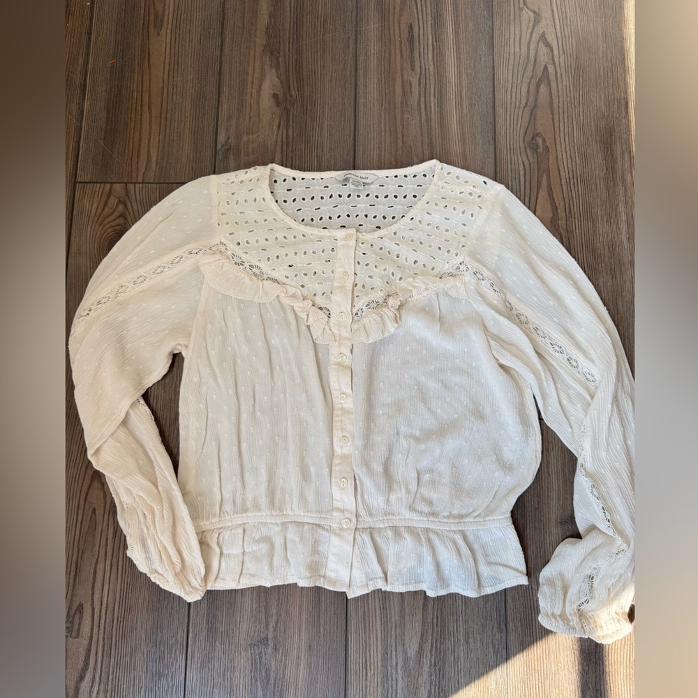American Eagle Outfitters Cream Eyelet Ruffle Button-Up Blouse
